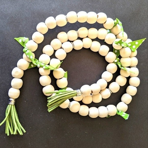 🔥38" wood bead garland - green leather tassels - green white polka ribbons - Picture 1 of 3